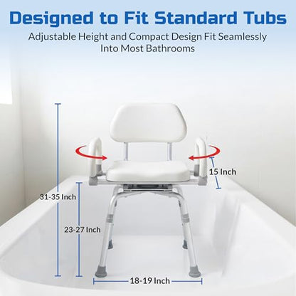 Swival Shower Chair with Padded seat for Inside ShowerFor Senior, Bath Seat | Sit Securely While Bathing - White, padded seat, padded armrests, swivel seat, tool-free assembly, 600 lb