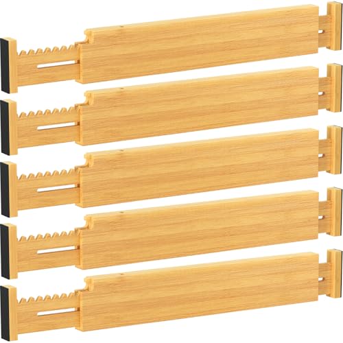 Lifewit 2.36" Kitchen Drawer Dividers, Adjustable Bamboo Drawer Organizers | 5 Pack 14.2"-22" Expandable Drawer Separator for Clothes, Utensils, Dresser, Cabinet, Closet, Nursery Organization & Storage