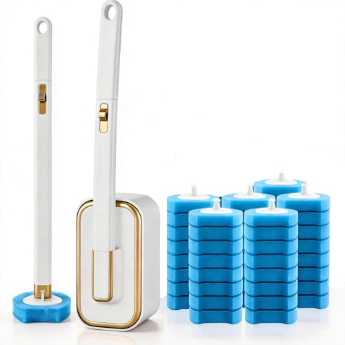Disposable Toilet Brush with 48 Refills Holder Wall Mount Scrub kit | Built-in cleaner, Ergonomic wand, Long handle, No wash,Click-discard, 2x Adhesive Sheet - color: 1 Wand+48 Refills