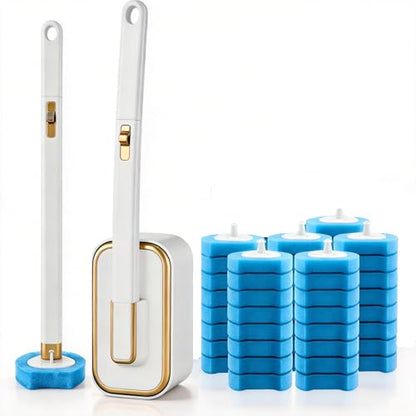 Disposable Toilet Brush with 48 Refills Holder Wall Mount Scrub kit | Built-in cleaner, Ergonomic wand, Long handle, No wash,Click-discard, 2x Adhesive Sheet - color: 1 Wand+48 Refills