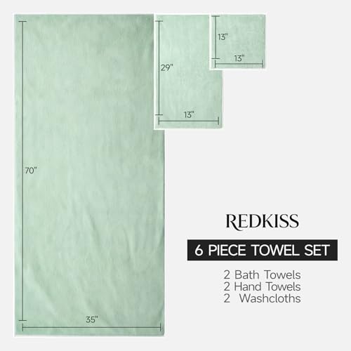 REDKISS Pack of 6 Towel Set - 2 Extra Large Bath, 2 Hand, 2 Washcloths, Ultra Soft & Highly Absorbent, Quicker to Dry, Green Towels for Bathroom, Spa, Hotel, Gym - color: Green