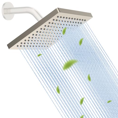 Hibbent cUPC Certified Thickness Metal 8'' Rain Shower Head, Brushed Nickel | High Pressure Shower Head, Bathroom Waterfall Shower Heads, High Flow Fixed Showerheads with Adjustable Brass Ball Joint - color: Brushed Nickel, style: Square 8''