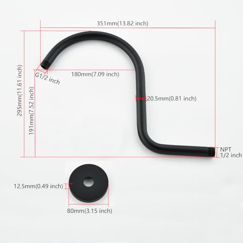 RANDOM S Shaped Shower Head Riser Pipe,Goose Neck Shower Arm 13 Inch Shower Head Extension Arm with Flange,Standard 1/2" Connection,Matte Black.RD-91098-13MB - color: Matte Black