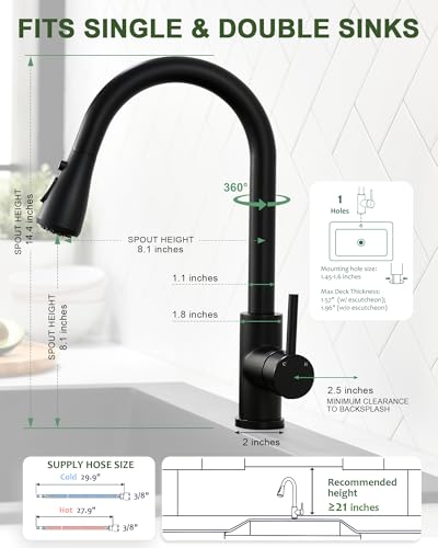 VFAUOSIT Kitchen Faucet with Pull Down Sprayer, Brushed Nickel High Arc | Cold-Start Safety, 3 Spray Modes, 360° Swivel, cUPC/CEC Certified, Fingerprint-Resistant Finish, Ceramic Disc Valve - color: Matte Black-02