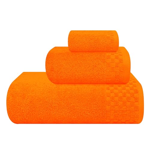 MyOwn Ultra Soft 3 Pack Cotton Towel Set, Contains a Bath Towels 28x55 inch, a Hand Towels 16x24 inch & a Wash Coths 12x12 inch, Ideal Everyday use, Compact & Lightweight - Orange - color: Orange, size: 3 Pack Set
