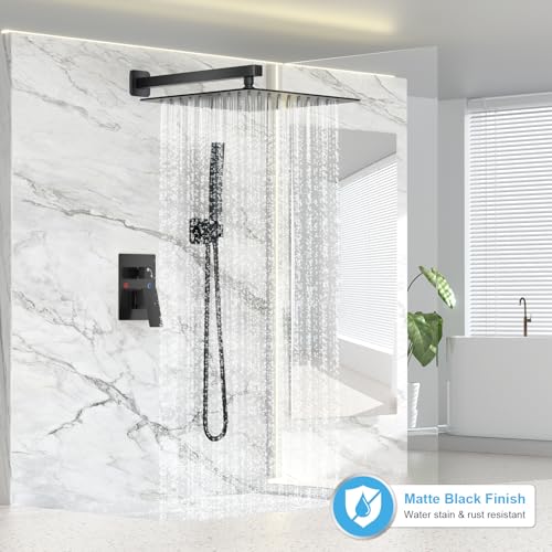 FPXRNG Shower Faucet Set Rainfall Shower System with Square Shower Head and Handle Set Rough-in Valve and Metal Trim Kit Included Matte Black 16 Inch Wall Mounted Shower Fixtures - color: Matte Black, size: 16 Inch Wall Mount Shower Head