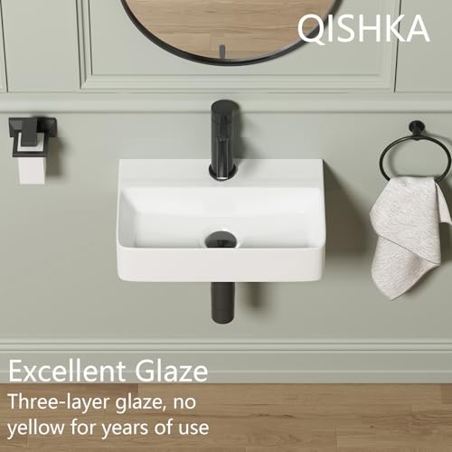 Wall Mounted Bathroom Vessel Sink, QISHKA 18" X 11" Rectangular Floating Ceramic Wash Hand Basin White Wall Hung Vanity Sink for Bathroom and Cloakroom - size: 18" x 11" x 4.3"