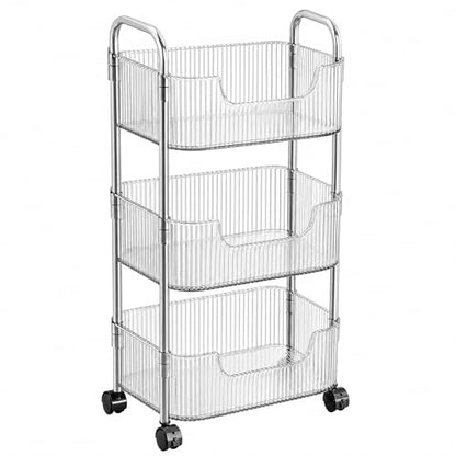 3 Tier Rolling Cart with Wheels, Clear Plastic Storage Cart with Stainless Steel Frame, Slim Narrow Organizer for Bathroom, Kitchen, Laundry Room, Vanity, Dorm, Easy Assembly