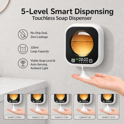 Automatic Soap Dispenser Touchless, Wall Mount, Rechargeable, Mood Lighting | 5 Adjustable Foam Levels, IPX5 Waterproof, LED Clock, 320ML, Hand & Dish Soap for Bathroom Kitchen, White - color: Foam White