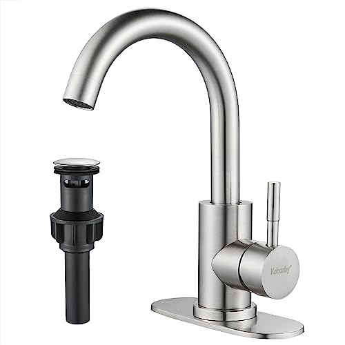 Brushed Nickel Bathroom Sink Faucet - Single Hole, Modern Single Handle Commercial Stainless Steel Bar Faucet with Drain - color: Brushed Nickel, size: With drain