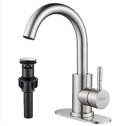 Brushed Nickel Bathroom Sink Faucet - Single Hole, Modern Single Handle Commercial Stainless Steel Bar Faucet with Drain - color: Brushed Nickel, size: With drain