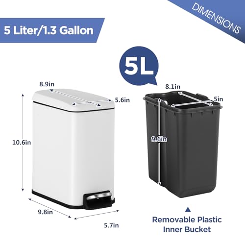 BestOffice Bathroom Trash Can with Lid, 1.3 Gallon Step Pedal Small Trash Can, White Stainless Trash Bin for Bathroom, Bedroom, Kitchen, Office (5L) - color: White