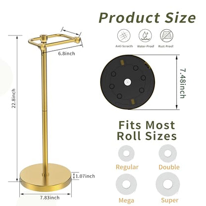 Toilet Paper Holder Stand, Modern Bathroom Free Standing Toilet Paper Roll Holder, Post Pivoting Toilet Paper Stand with Stainless Steel Tissue Rack, Rust-Proof & Heavy Stable Base（Brushed Gold） - color: Brushed Gold, size: Free Standing