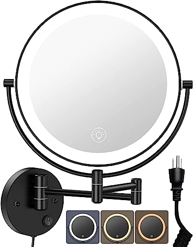 9" Wall Mounted LED Makeup Mirror, 1X/10X Magnifying 2-Sided Vanity Mirror | Black, Large Size, Corded Electric, Plug-in, Not Battery Operated, Extended Arm, 3 Color Lights, 360° Swivel, Touch Dimmable - color: Black