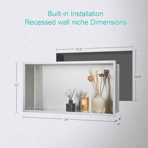 24x12x4 Inch Brushed Nickel Shower Niche, No Tile Needed Recessed Wall Niche for Bathroom Storage, Stainless Steel Shower Shelf Insert Tile Ready, Brushed Nickel Shower Shelves - size: 24x12" - Brushed Nickel