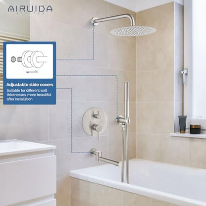 Airuida 3-Function Shower System with Tub Spout – Round Rainfall Shower Faucet Combo,Handheld Spray with 2 Functions,Includes Rough-In Valve with 360° Rotating Drain,12 Inch Shower Head,Brushed Nickel - color: Brushed Nickel, size: 12 Inch