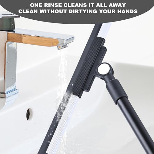 Floor Squeegee Broom - 52" Long Handle Rubber Scrubber for Bathroom, Tile, Shower, Glass, Pet Hair, Hardwood Floor - Adjustable Long Handle, Water Wiper with Replacement Blade (Black) - color: Black