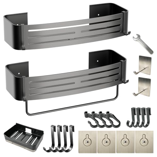 Gun Grey Adhesive Square Shower Caddy with Towel Bar, Soap Dish and Hooks | No-drill gun grey shower basket with towel bar, soap dish and hooks for smooth tile, glass and stainless steel bathroom walls - color: grey gun