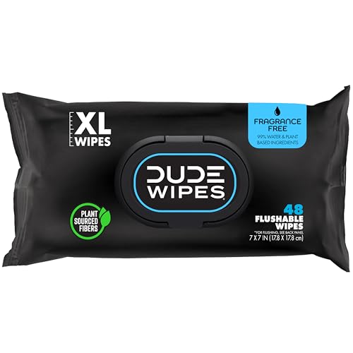DUDE Wipes Unscented Adult Flushable Wet Wipes, Sensitive Skin, 48 Count | 1 pack of 48 extra large flushable butt wipes. Hypoallergenic plastic-free wipes. 99% water, vitamin E, aloe. Septic safe. - size: 48 Count (Pack of 1)