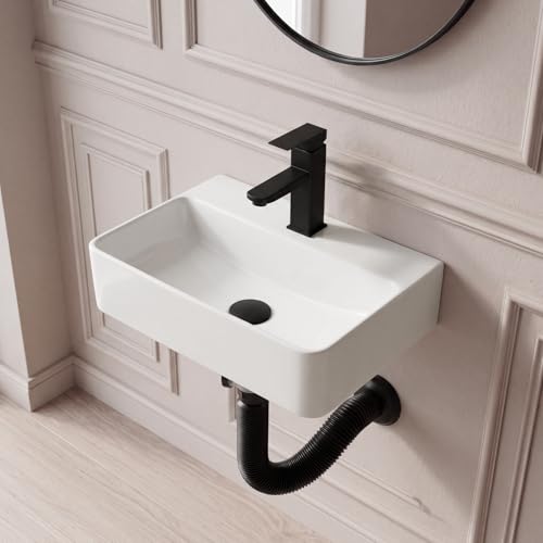 White Wall Mounted Ceramic Bathroom Sink, 14" x 10" Floating Vessel Sink | Rectangle, Black Faucet, Pop Up Drain, Ideal for Small Bathroom - size: 14''x10''