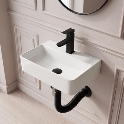 White Wall Mounted Ceramic Bathroom Sink, 14" x 10" Floating Vessel Sink | Rectangle, Black Faucet, Pop Up Drain, Ideal for Small Bathroom - size: 14''x10''