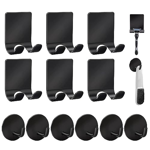 Razor Holder 304 Stainless Steel for Shower + Adhesive Sticky Heavy Duty Waterproof Wall Hooks, Premium for Hanging Towels, Coat, hat (6+6 Pack) - Black - color: Black-12pcs