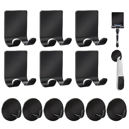 Razor Holder 304 Stainless Steel for Shower + Adhesive Sticky Heavy Duty Waterproof Wall Hooks, Premium for Hanging Towels, Coat, hat (6+6 Pack) - Black - color: Black-12pcs