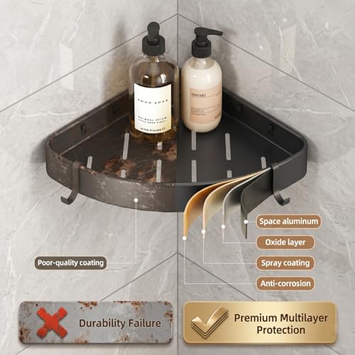 2 Pack Corner Shower Caddy, No Drill Aluminum Suction Cup Shelves | Rustproof triangle shelves use suction cups for no-drill, damage-free storage of shampoo and shower essentials