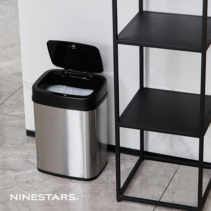 Ninestars 3 Gallon Automatic Trash Can, 12L Touchless Motion Sensor Bathroom or Bedroom Garbage Can with Odor-Sealing Lid, Rectangular Stainless Steel Base, Black Lid - color: Black