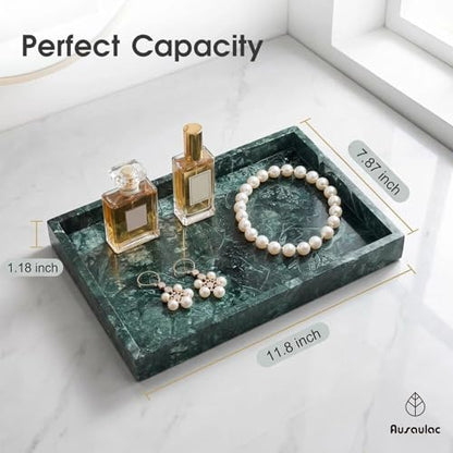 Natural Marble Tray Heavyweight Stone Vanity Tray for Bathroom Countertop, Coffee Table & Dresser - Handcrafted Rectangular Organizer (Green X, 12" x 8" x 1.2") - color: Green X