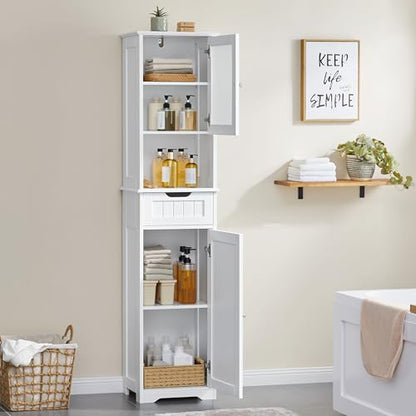 Yaheetech Tall Slim Bathroom Storage Cabinet with Frosted Glass Door, White | Narrow Floor Cabinet for Tight Spots, Reversible Doors, Adjustable Shelves and Drawer for Towel and Linen Storage, MDF Build - style: 2 Doors + 1 Drawer