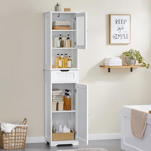 Yaheetech Tall Slim Bathroom Storage Cabinet with Frosted Glass Door, White | Narrow Floor Cabinet for Tight Spots, Reversible Doors, Adjustable Shelves and Drawer for Towel and Linen Storage, MDF Build - style: 2 Doors + 1 Drawer
