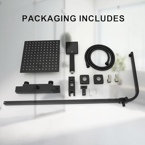Matte Black Exposed Shower System 9 Inch Rainfall Shower Head | Handheld Spray Single Handle Center Wall Mount Bathroom Shower Faucet with Square Shower Head by Homevacious - color: Matte Black, style: 2-Function