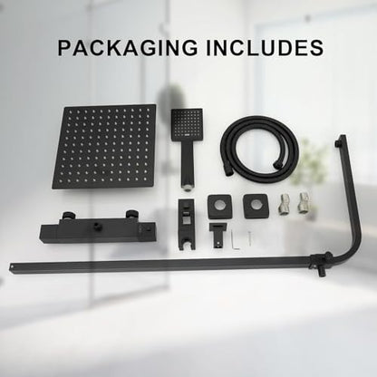 Matte Black Exposed Shower System 9 Inch Rainfall Shower Head | Handheld Spray Single Handle Center Wall Mount Bathroom Shower Faucet with Square Shower Head by Homevacious - color: Matte Black, style: 2-Function