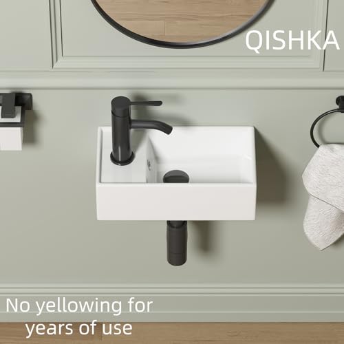 Small Wall Mount Bathroom Vessel Sink, QISHKA 15.5" X 8.5" Rectangular Floating Ceramic Wash Hand Basin- White Wall Hung Vanity Sink with Overflow for Small Bathroom (Left Hand) - size: 15.5" x 8.5" x 5.1"