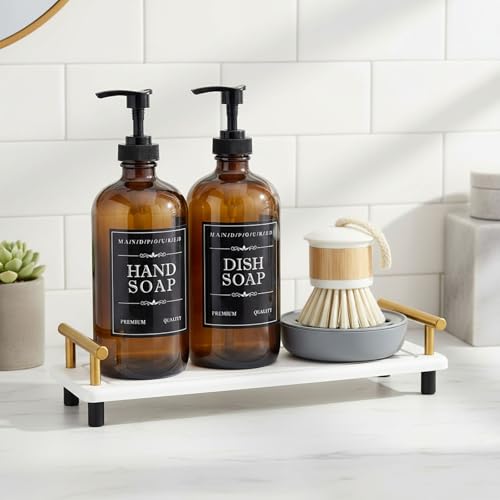 Soap Dispenser Set – 16oz Refillable Amber Glass Bottles with Brush Holder, Dish Scrub, Diatomite Tray, 12 Waterproof Labels – Brown Non-Slip Base for Home Upgrade, Rustic Farmhouse Style (Set of 6)