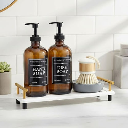 Soap Dispenser Set – 16oz Refillable Amber Glass Bottles with Brush Holder, Dish Scrub, Diatomite Tray, 12 Waterproof Labels – Brown Non-Slip Base for Home Upgrade, Rustic Farmhouse Style (Set of 6)