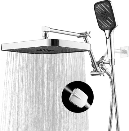 14 Inch Rain Shower Head with Handheld Spray Combo and Extention Arm, Rainfall Waterfall High Pressure Large Shower Heads, Dual Showerhead with 3-Way Diverter - Height/Angle Adjustable(Chrome) - color: Chrome, size: 14 Inch