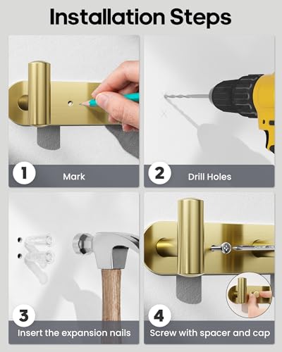 Optish 2 Pack Coat Rack Wall Mount, Bathroom Towel 5 Hooks, Heavy Duty Coat Hooks for Robe, Bag, Key, Hat, Hook Rack Hanger for Entryway, Bedroom, Gold - color: Gold