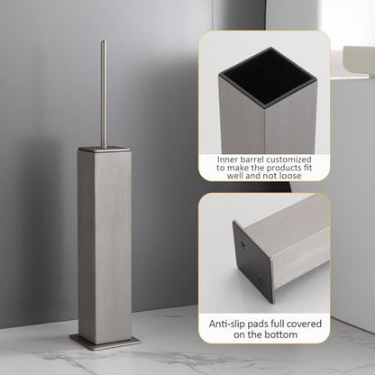 Toilet Brush and Holder Floor Standing, Brushed Nickel with 2 Replaceable Heads, Freestanding Toilet Bowl Brush with Removable Liner and Splash Guard, Modern Square Design - color: Brushed Nickel-standing