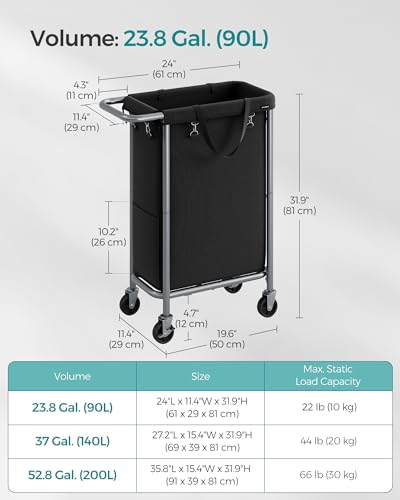 SONGMICS Laundry Basket with Wheels, Rolling Laundry Hamper, 23.8 Gallons (90 L), Removable Liner, Steel Frame with Handle, 24 x 11.4 x 31.9 Inches, Ink Black URLS003B01 - color: Ink Black, size: 90 L (1-Section)