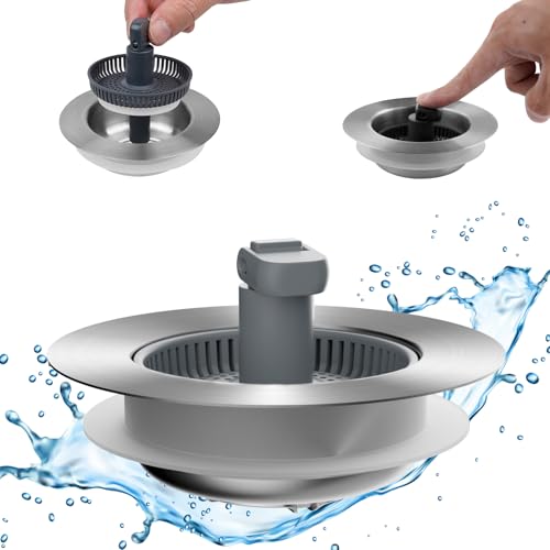 Hibbent Upgraded 3 in 1 Kitchen Sink Drain Strainer and Stopper Combo, Stainless Steel Metal Pop Up Sink Stopper, Anti-Clogging Basket with Foldable Handle for US Standard 3-1/2 Inch Drain - style: Stainless Steel with 1 Strainer