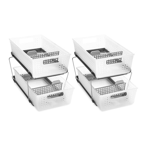 madesmart 2 Tier Organizer, Under Cabinet Storage with Pull Out Sliding Drawers, for Cleaning Supplies, Pantry, Undersink, Sponges, Bottles & Bath, Pull Out Baskets, Frost 2 PACK