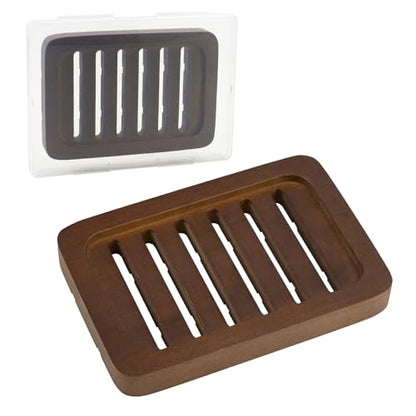 Flat Slotted Wood Soap Dish, 1 Pack, Dark Brown | Self Draining Design, Multi-use as Sponge Holder, Ideal for Shower, Bathroom, Kitchen, Sink & Travel, Box Packed - color: Dark Brown