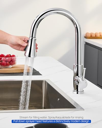 Chrome Kitchen Sink Pull Down Sprayer Head Replacement with 15 Adapters | Sink Faucet Head Replacement, High Pressure Sprayer Nozzles, 3 Functions Faucet Sprayer Attachment for Kitchen Faucet - color: Chrome