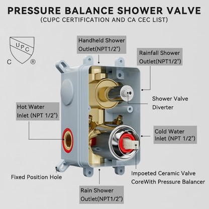 STARBATH Shower Faucet Set Shower System with Diverter Valve, Chrome | 12 Inch Ceiling Mount Rain Shower Head, 6 Inch Wall Mount Rainfall Shower Head and 2-in-1 Handheld Spray for Two Person - color: Chrome, size: 12"+6"-03