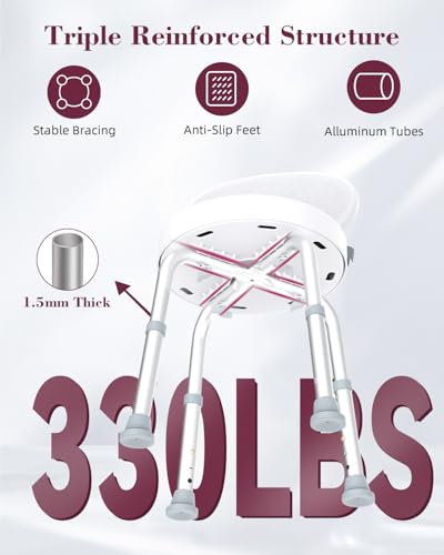 Swivel Shower Chair, 360° Non-Slip Shower Seat with Backrest for Elderly and Disabled, Height Adjustable Rotating Tub Bench for Seniors Bathroom Inside Shower with Compact Frame (White) - color: White