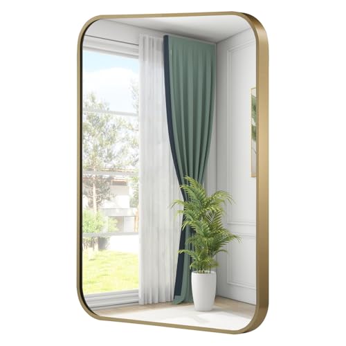 Gold Mirror, 22x30 Inch Framed Rectangle Mirror with Rounded Corner, Brushed Brass Mirror, Gold Bathroom Mirror for Over Sink, Vanity, Living Room, Bedroom, Horizontal/Vertical - color: Gold(dark), size: 22"L x 30"W