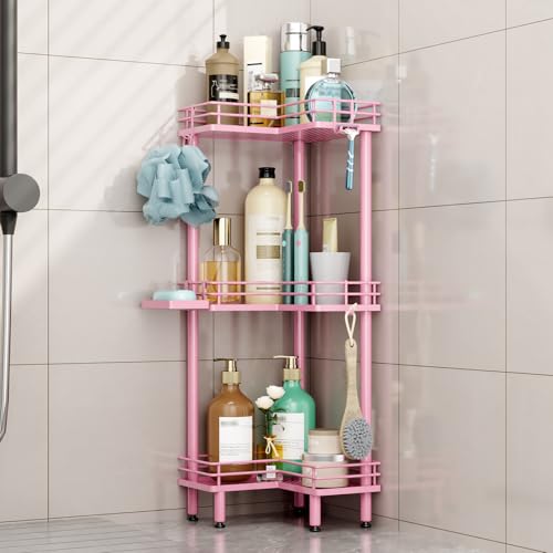 HapiRm Corner Shower Caddy Standing - 3 Tier Shower Organizer Corner with Soap Holder, Rustproof Bathroom Standing Organizer with 4 Hooks, Pink - color: Pink, size: 3-tier