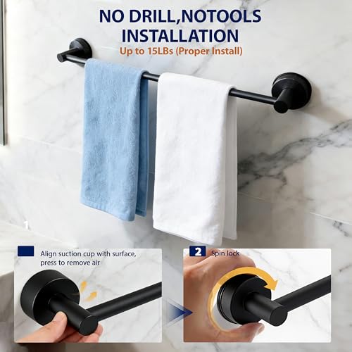 Towel Racks for Bathroom Suction Cup Towel Bar 14.6-24in Adjustable | No Drill Bathroom Towel Holder, Stainless Steel Construction, Heavy Duty Wall Mounted (Matte Black) - color: Matte Black